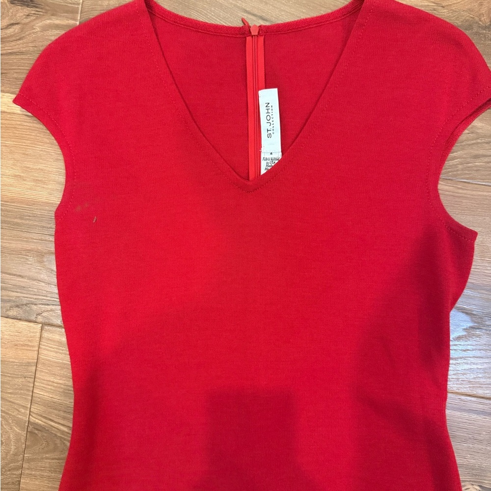 St. John Bright Red V-Neck Cap Sleeve Knit pencil dress